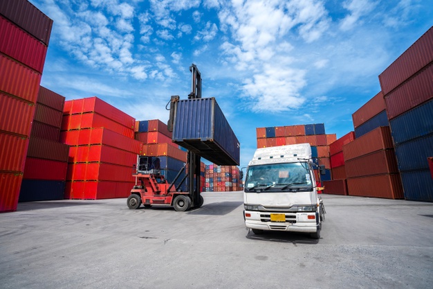 Freight truck moving cargo containers